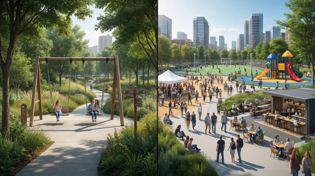 Городская среда: благоустройство парков и дворов, общественные пространства, урбанистика - иллюстрация