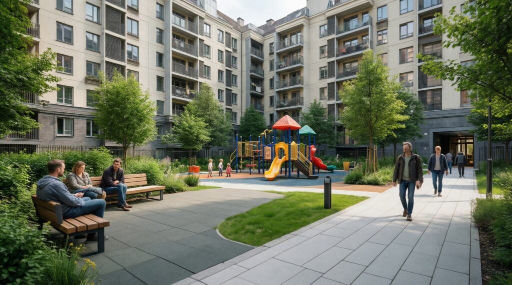 Городская среда: благоустройство дворов, набережных, парков и общественных пространств - иллюстрация